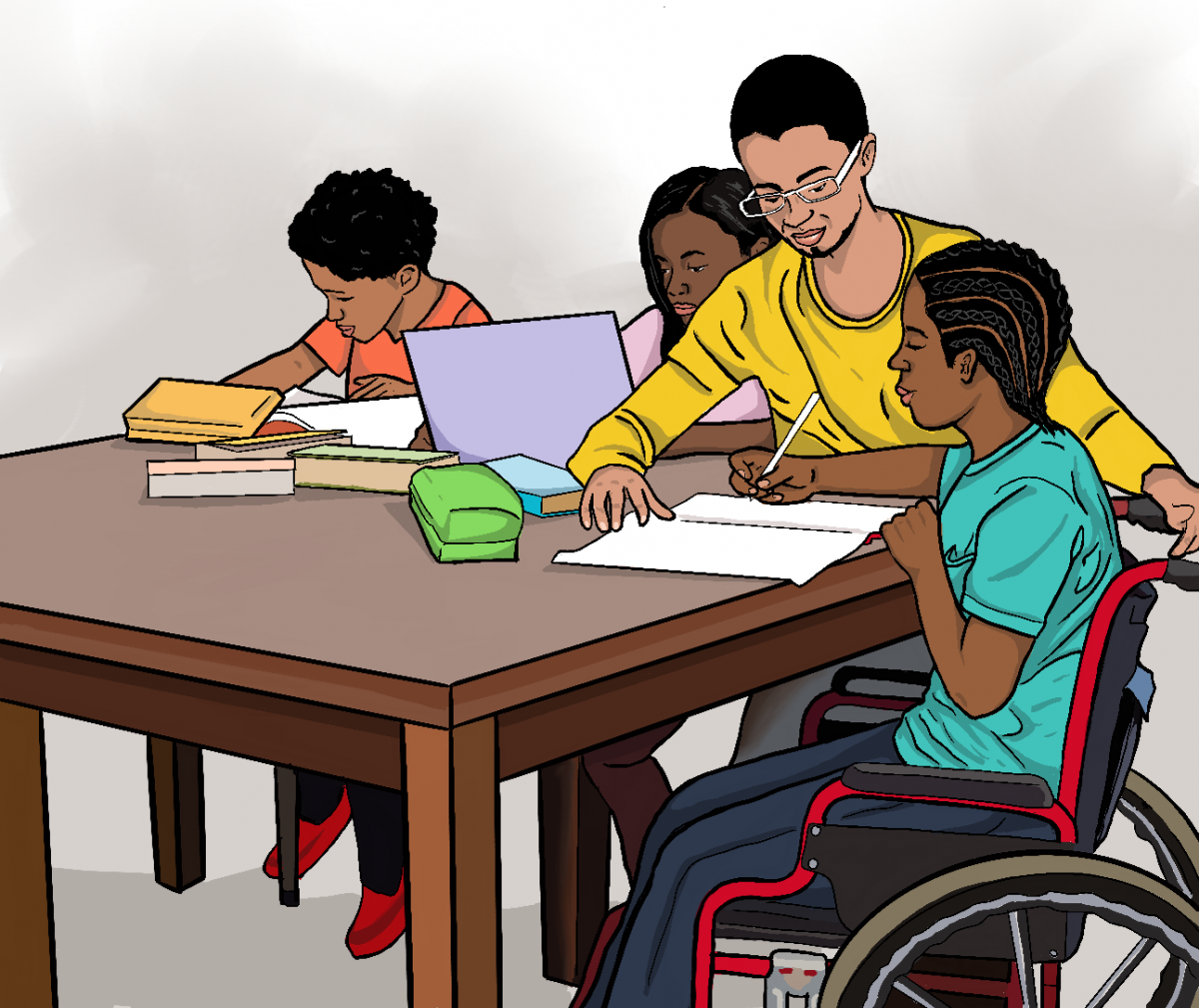 Man tutoring children, one in a wheelchair